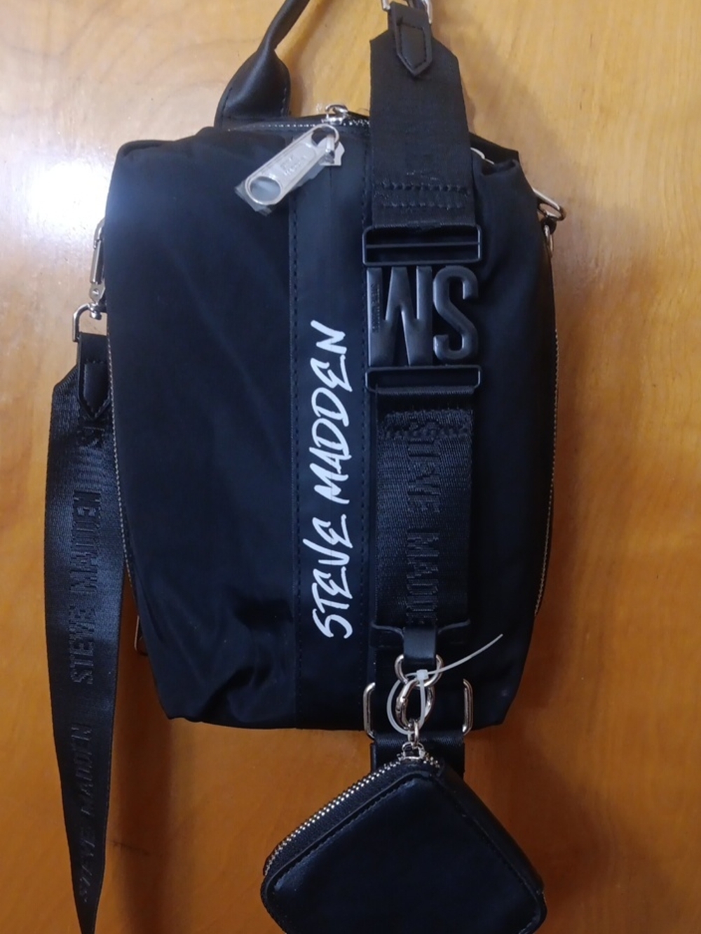 Steve Madden Black Nylon Crossbody with Logo Strap and Coin Pouch
